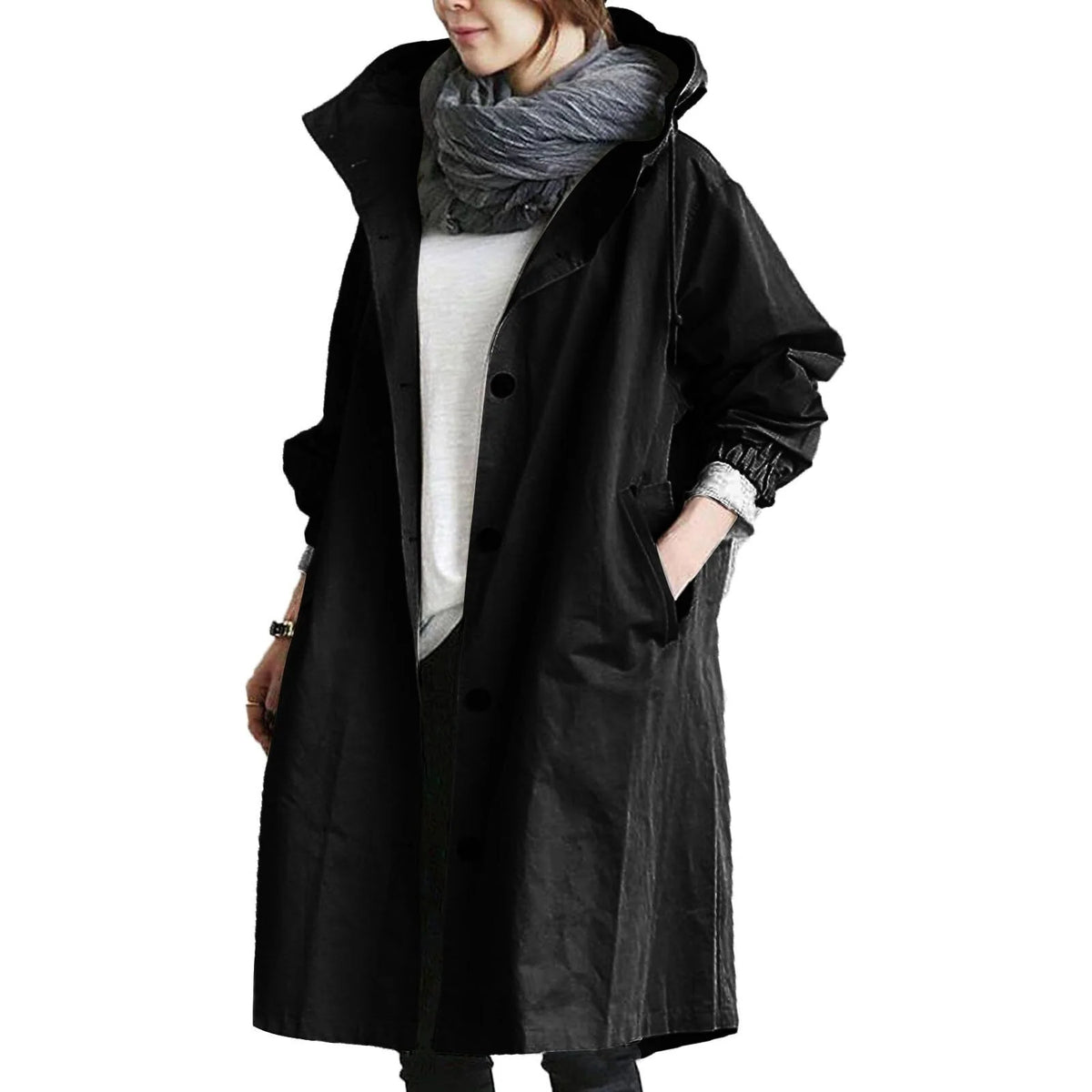 Black Women's Waterproof Raincoat in Cotton-Blend Fabric with Hooded Drawstring & Side Pockets - Front Pose