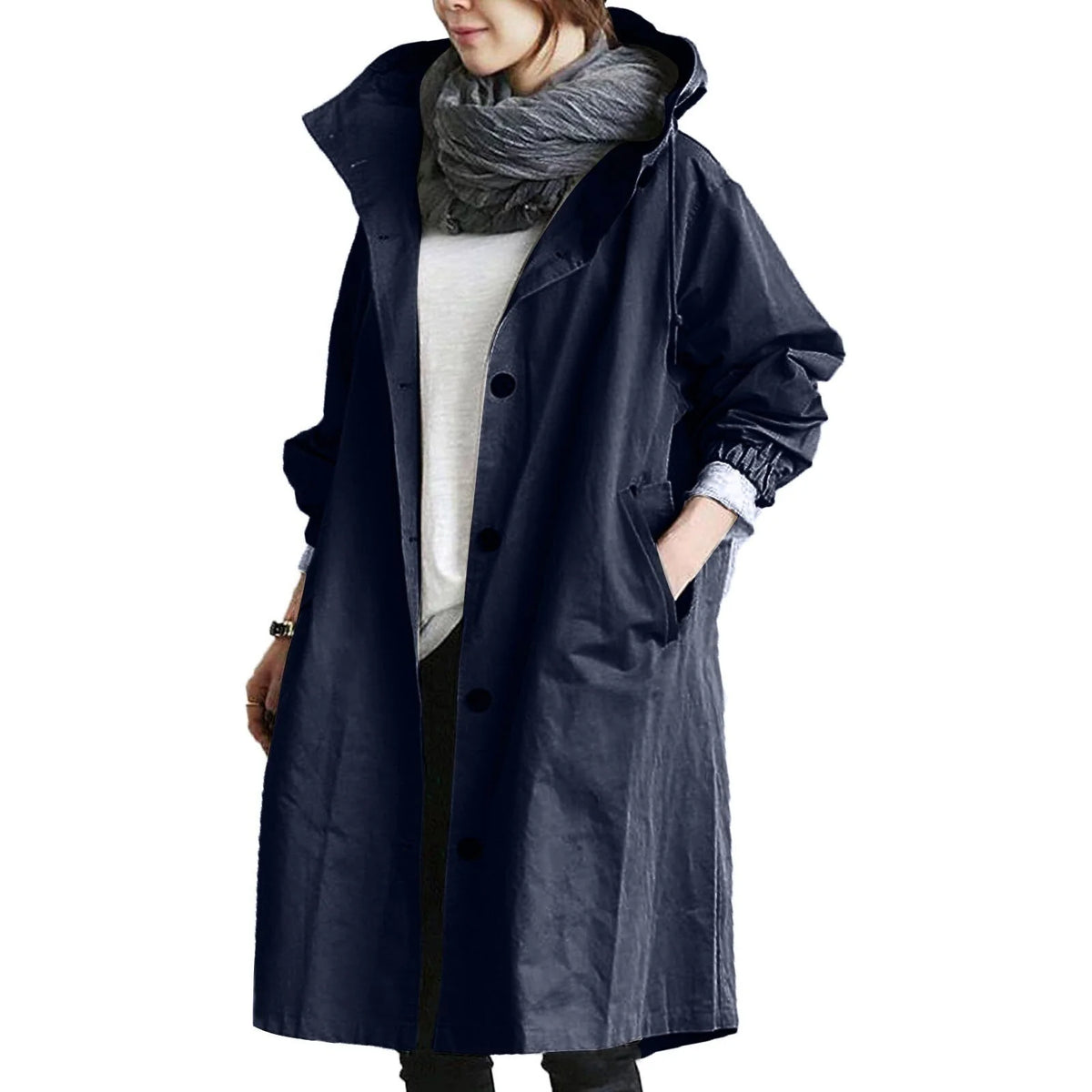 Dark Blue Women's Waterproof Raincoat in Cotton-Blend Fabric with Hooded Drawstring & Side Pockets - Side Pose
