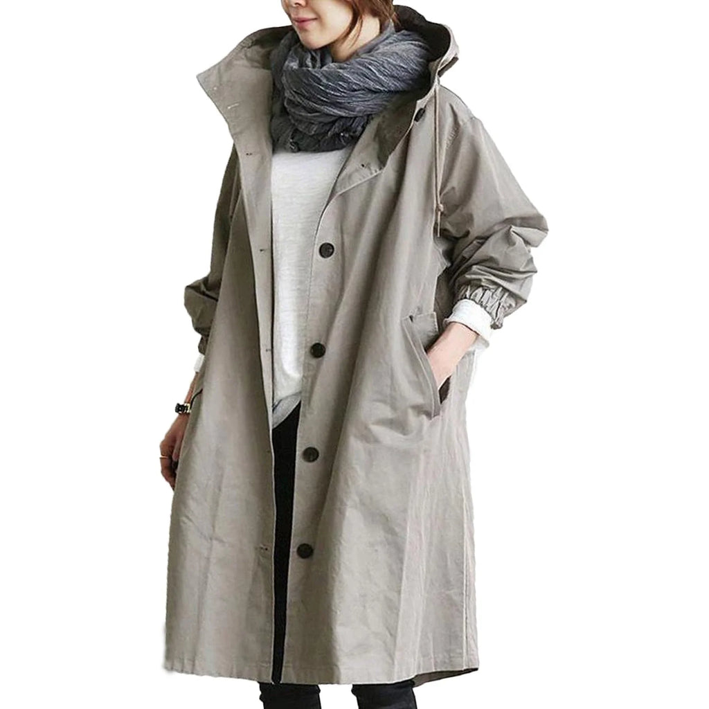 Grey Women's Waterproof Raincoat in Cotton-Blend Fabric with Hooded Drawstring & Side Pockets - Front Hand Pocket
