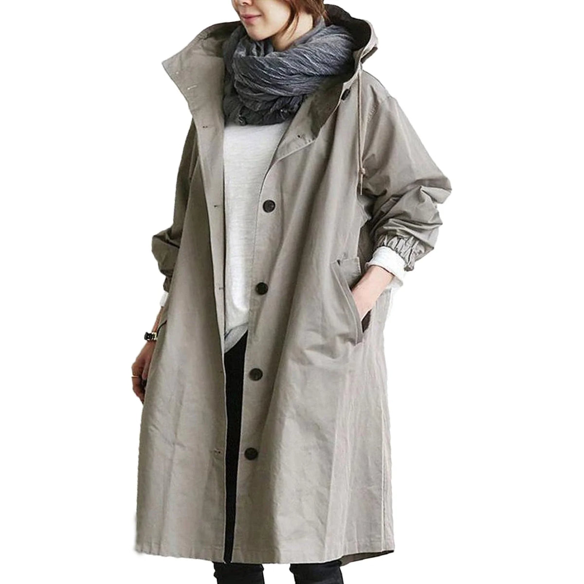 Grey Women's Waterproof Raincoat in Cotton-Blend Fabric with Hooded Drawstring & Side Pockets - Front Hand Pocket