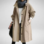 Khaki Women's Waterproof Raincoat in Cotton-Blend Fabric with Hooded Drawstring & Side Pockets - Worn Lifestyle