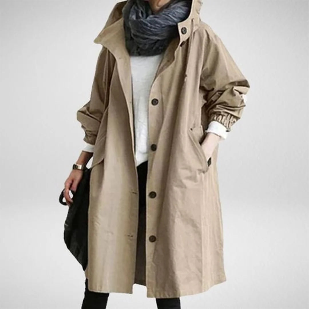 Khaki Women's Waterproof Raincoat in Cotton-Blend Fabric with Hooded Drawstring & Side Pockets - Worn Lifestyle