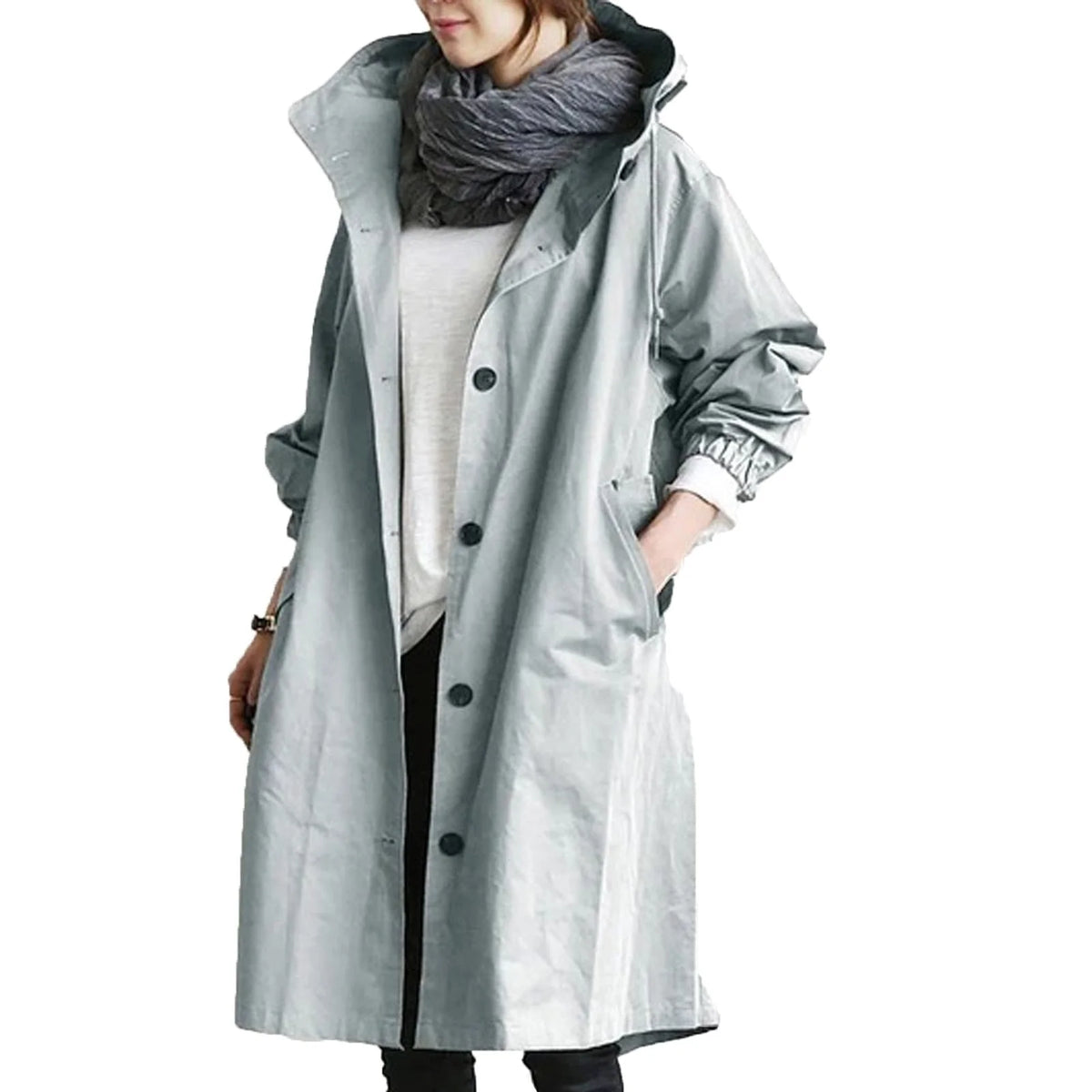 Light Blue Women's Waterproof Raincoat in Cotton-Blend Fabric with Hooded Drawstring & Side Pockets - Studio White