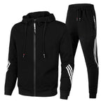 Black Men's Tracksuit with Hooded Zip-Up Jacket & Striped Jogger Pants