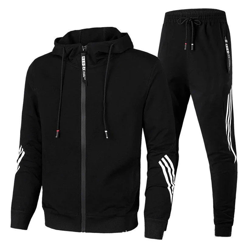 Black Men's Tracksuit with Hooded Zip-Up Jacket & Striped Jogger Pants