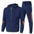 Blue Men's Tracksuit with Hooded Zip-Up Jacket & Striped Jogger Pants