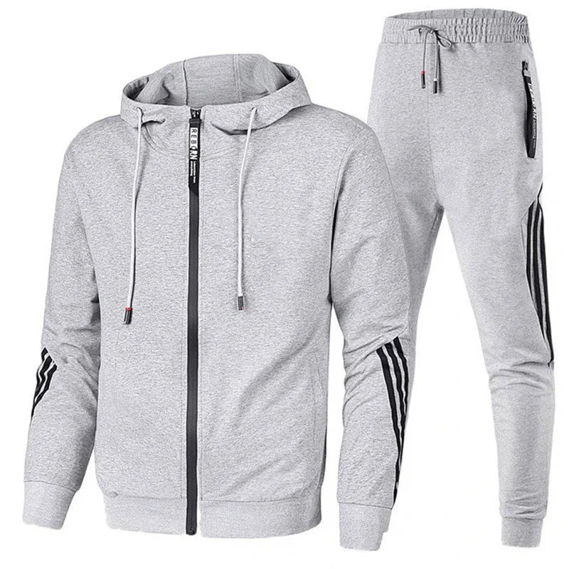 Grey Men's Tracksuit with Hooded Zip-Up Jacket & Striped Jogger Pants — Theo