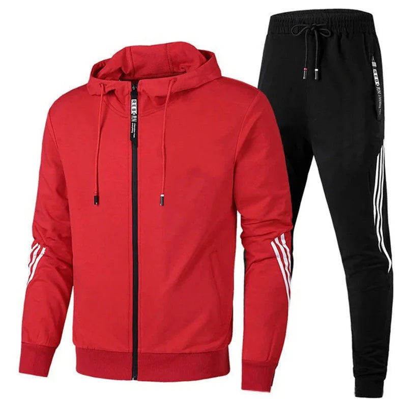 Red Men's Tracksuit with Hooded Zip-Up Jacket & Striped Jogger Pants — Theo