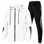 White Men's Tracksuit with Hooded Zip-Up Jacket & Striped Jogger Pants