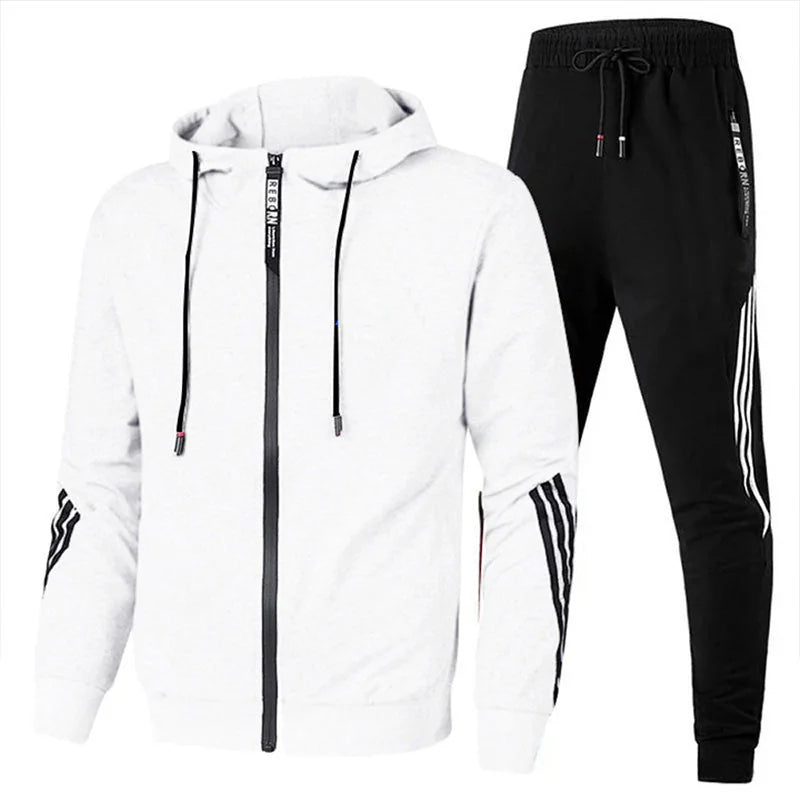 White Men's Tracksuit with Hooded Zip-Up Jacket & Striped Jogger Pants