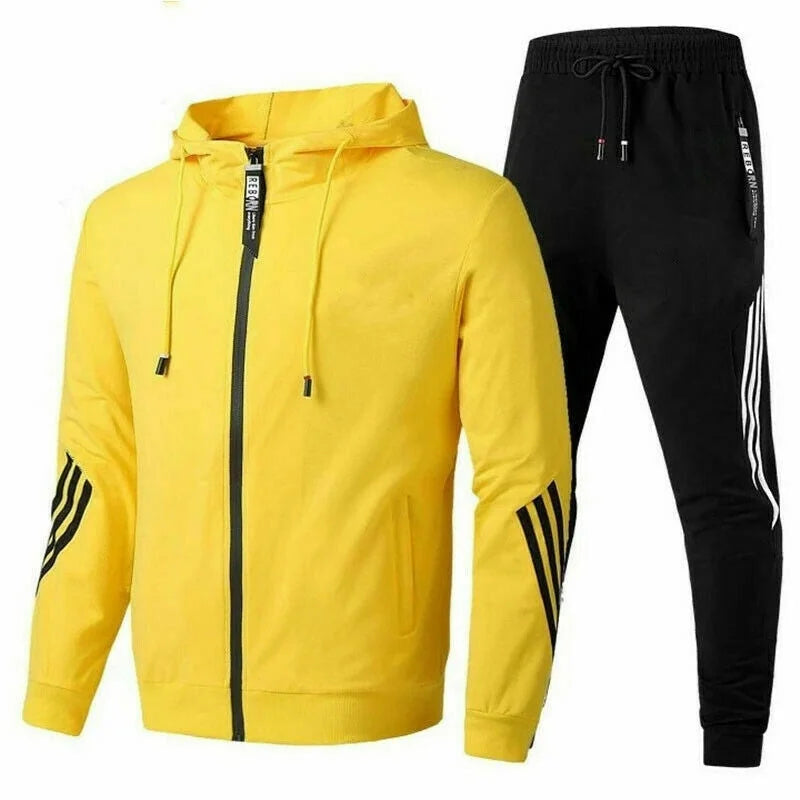 Yellow Men's Tracksuit with Hooded Zip-Up Jacket & Striped Jogger Pants — Theo