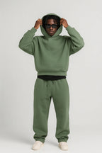 Olive Men's Hoodie Jogger Set with Drawstring Waist & Relaxed Fit
