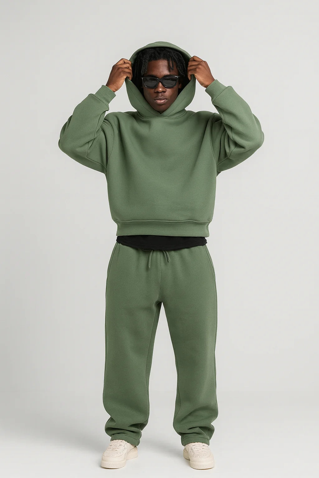 Olive Men's Hoodie Jogger Set with Drawstring Waist & Relaxed Fit