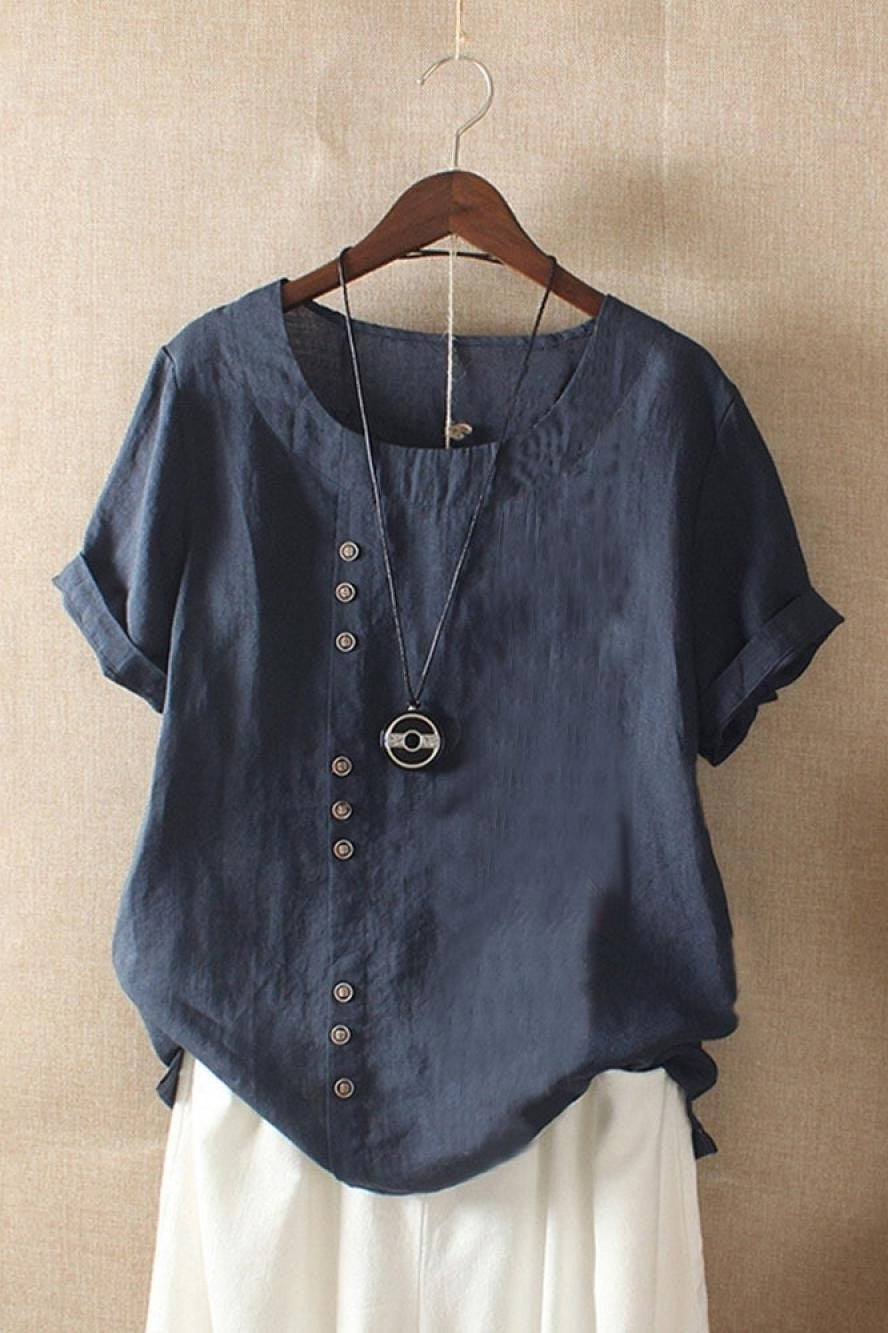 Women's Round Neck Button Short Sleeve Blouse with Relaxed, Breathable Fit — Annie