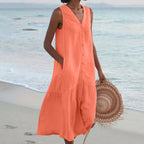 Women's Lightweight Summer Midi Dress with Tiered Linen Hem & V-Neck — Adeline