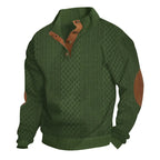 Army Green Men's Jacquard Sweater with Button Placket & Elbow Patches - Front Angle