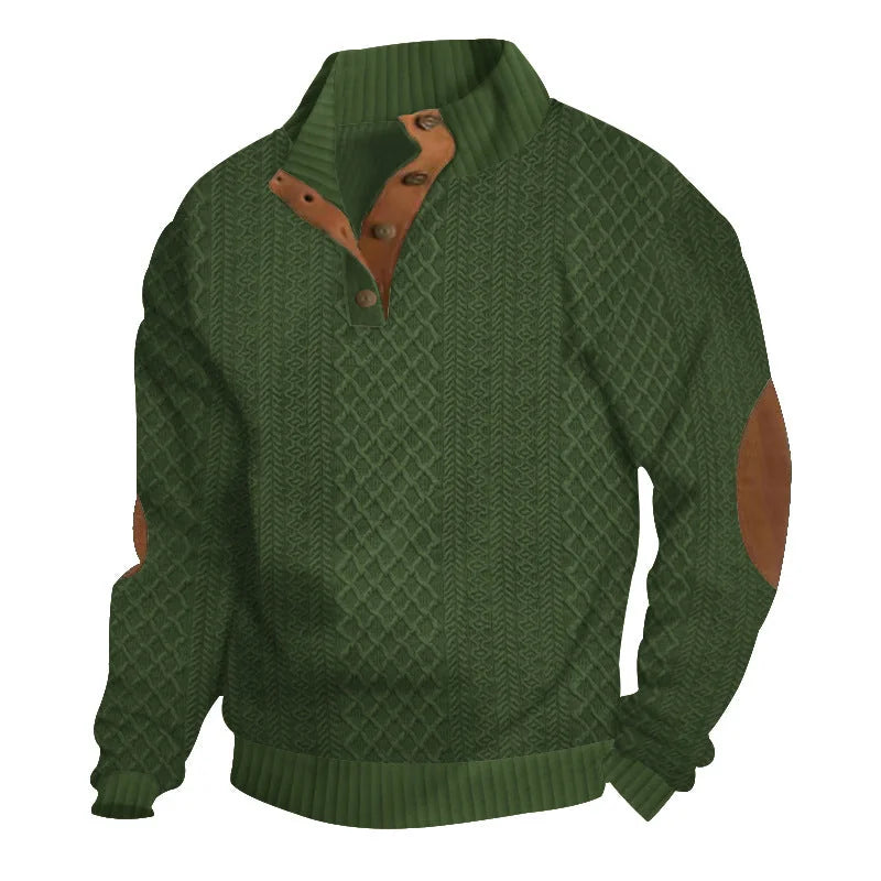 Army Green Men's Jacquard Sweater with Button Placket & Elbow Patches - Front Angle