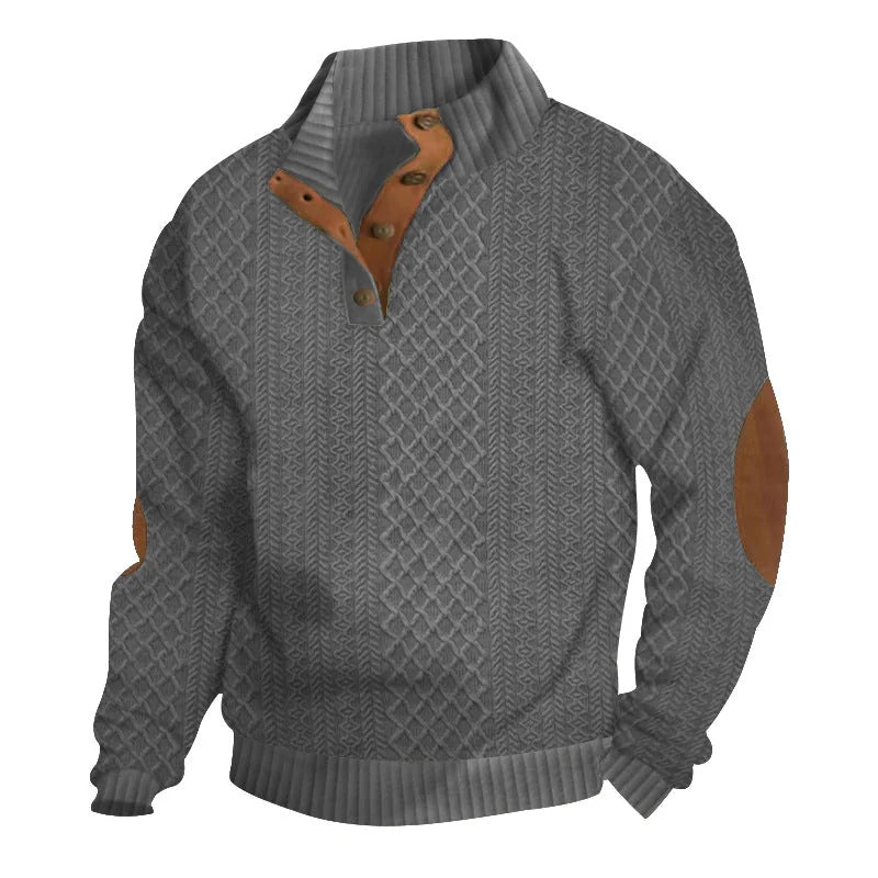 Dark Grey Men's Jacquard Sweater with Button Placket & Elbow Patches