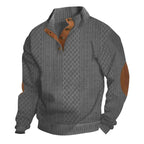 Dark Grey Men's Jacquard Sweater with Button Placket & Elbow Patches