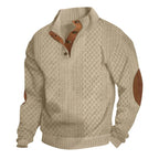 Khaki Men's Jacquard Sweater with Button Placket & Elbow Patches
