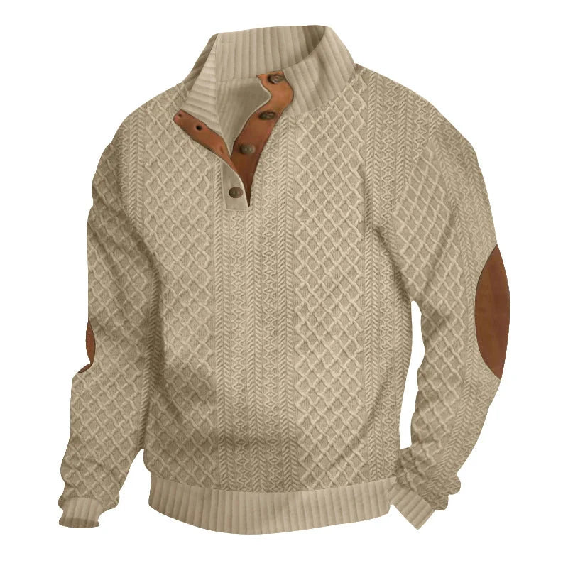 Khaki Men's Jacquard Sweater with Button Placket & Elbow Patches