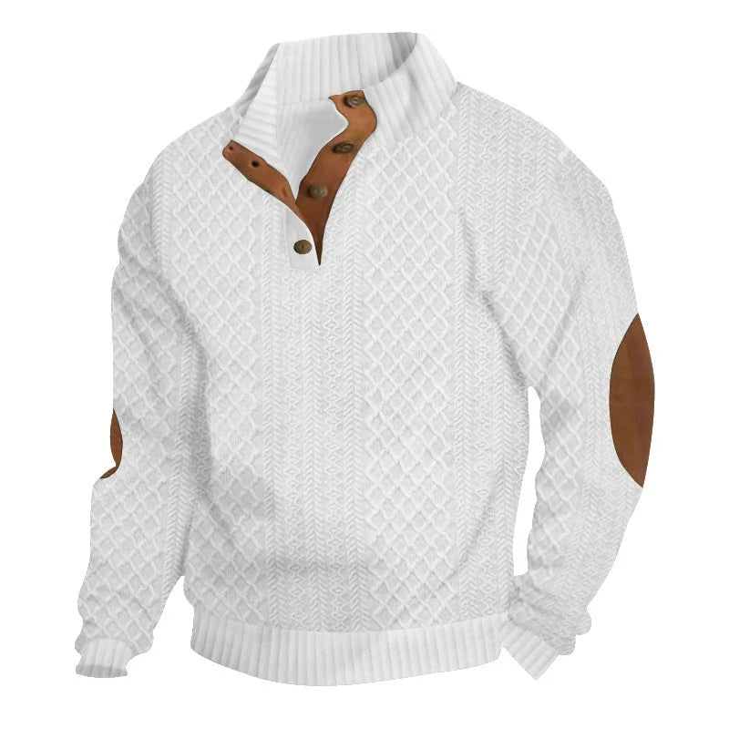 White Men's Jacquard Sweater with Button Placket & Elbow Patches - Studio
