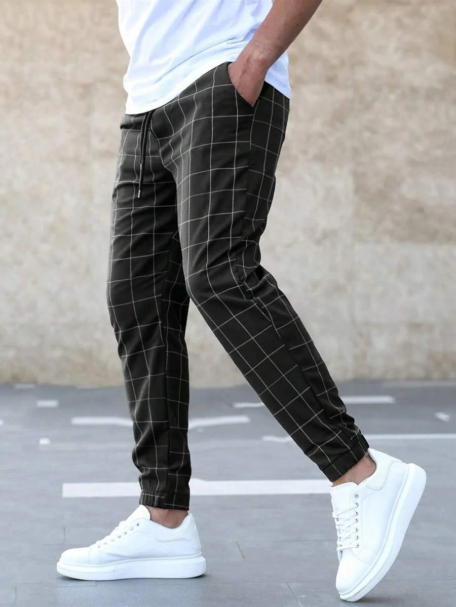 Men's Plaid Jogger Trousers with Drawstring Waist & Tapered Cuff - Side Motion Walk