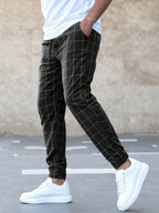 Men's Plaid Jogger Trousers with Drawstring Waist & Tapered Cuff - Side Motion Walk