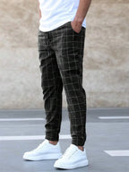 Men's Plaid Jogger Trousers with Drawstring Waist & Tapered Cuff