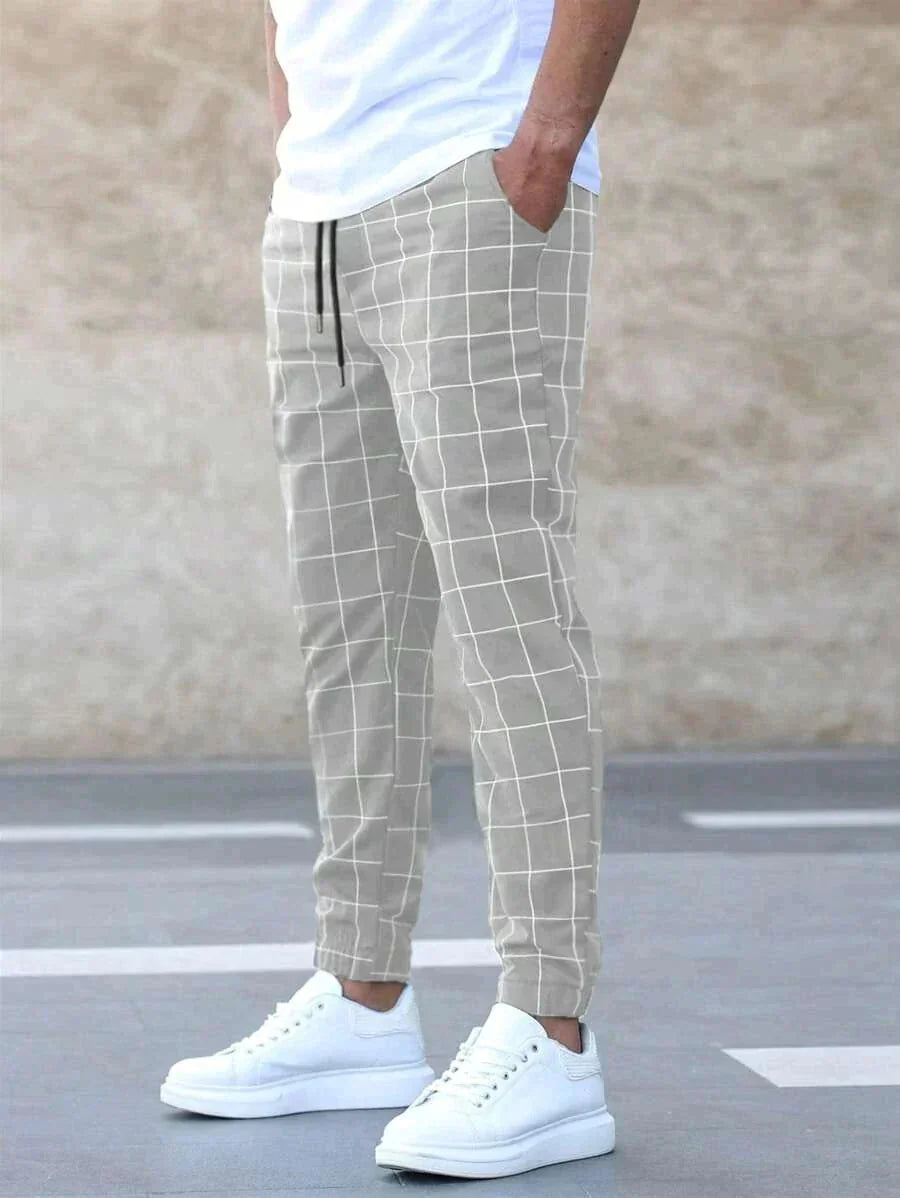 Light Grey Men's Plaid Jogger Trousers with Drawstring Waist & Tapered Cuff