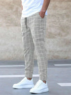 Light Grey Men's Plaid Jogger Trousers with Drawstring Waist & Tapered Cuff