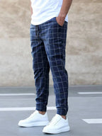 Dark Blue Men's Plaid Jogger Trousers with Drawstring Waist & Tapered Cuff - Front Full Stance