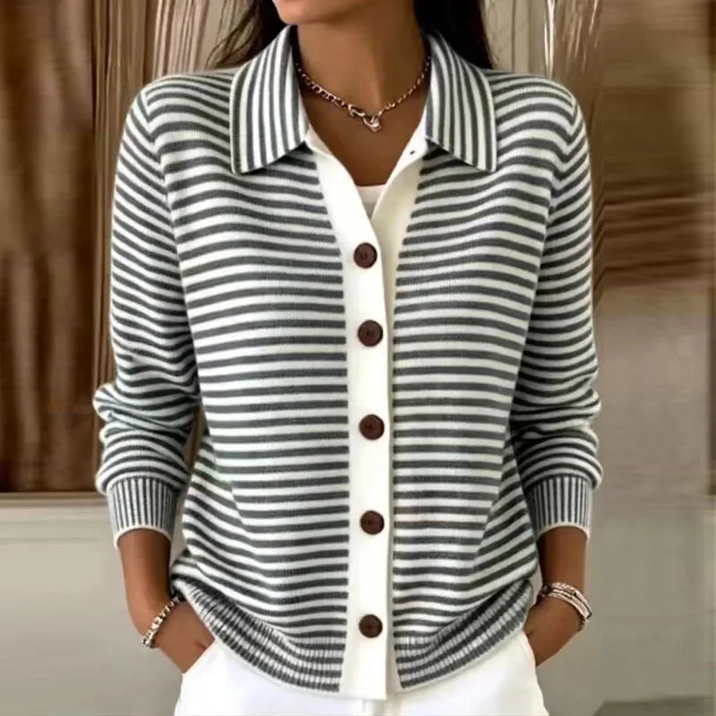 Black Women's Striped Knit Cardigan with Collared Neckline & Button-Front Design — Reagan