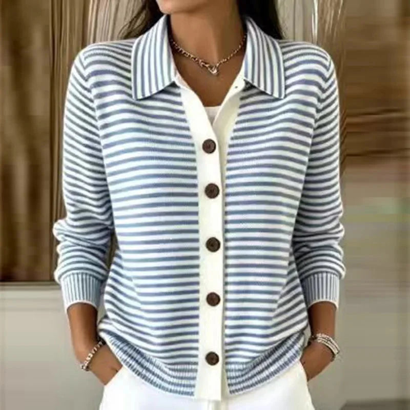 Blue Women's Striped Knit Cardigan with Collared Neckline & Button-Front Design — Reagan