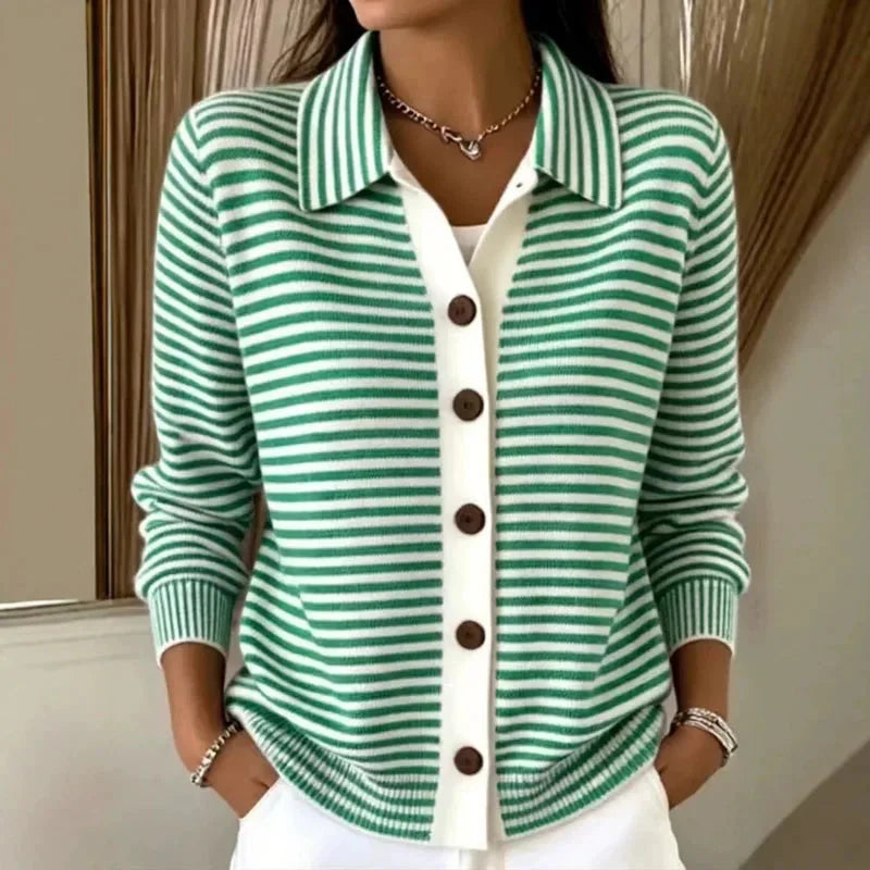 Green Women's Striped Knit Cardigan with Collared Neckline & Button-Front Design — Reagan