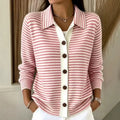 Women's Striped Knit Cardigan with Collared Neckline & Button-Front Design — Reagan