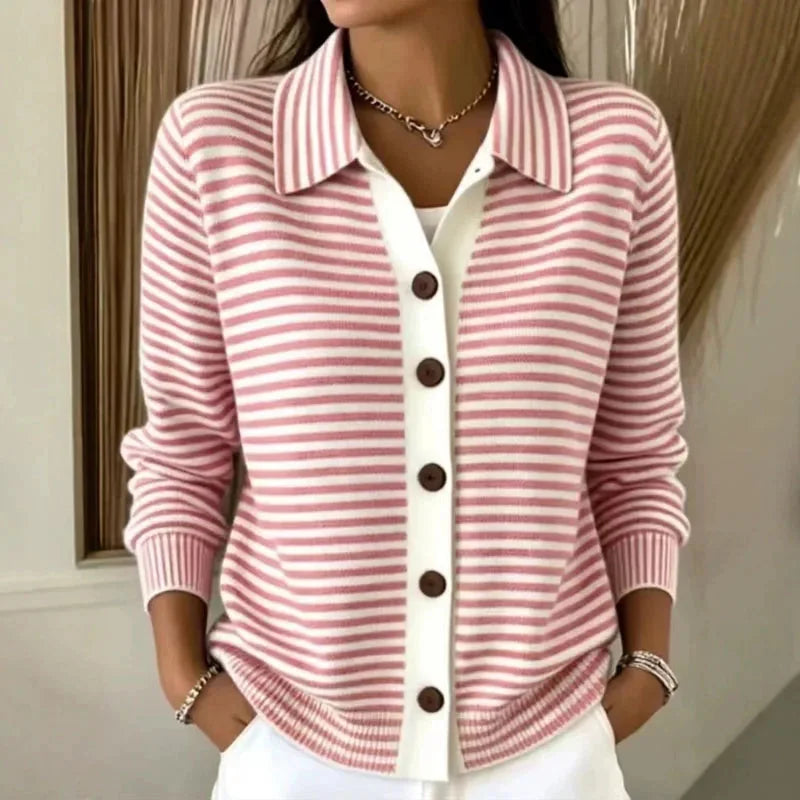 Pink Women's Striped Knit Cardigan with Collared Neckline & Button-Front Design — Reagan