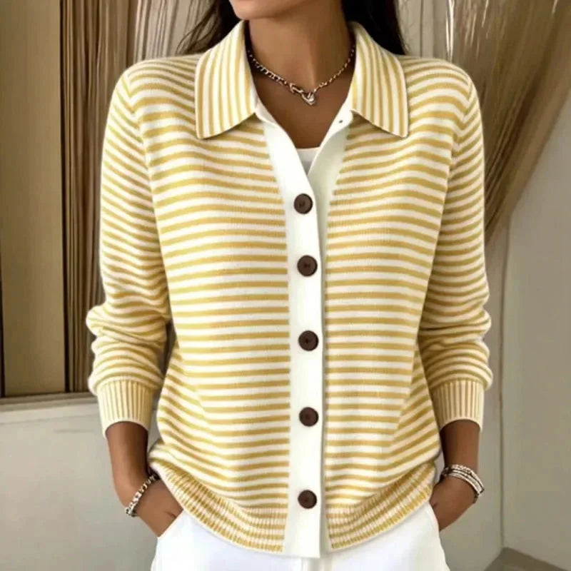 Yellow Women's Striped Knit Cardigan with Collared Neckline & Button-Front Design — Reagan