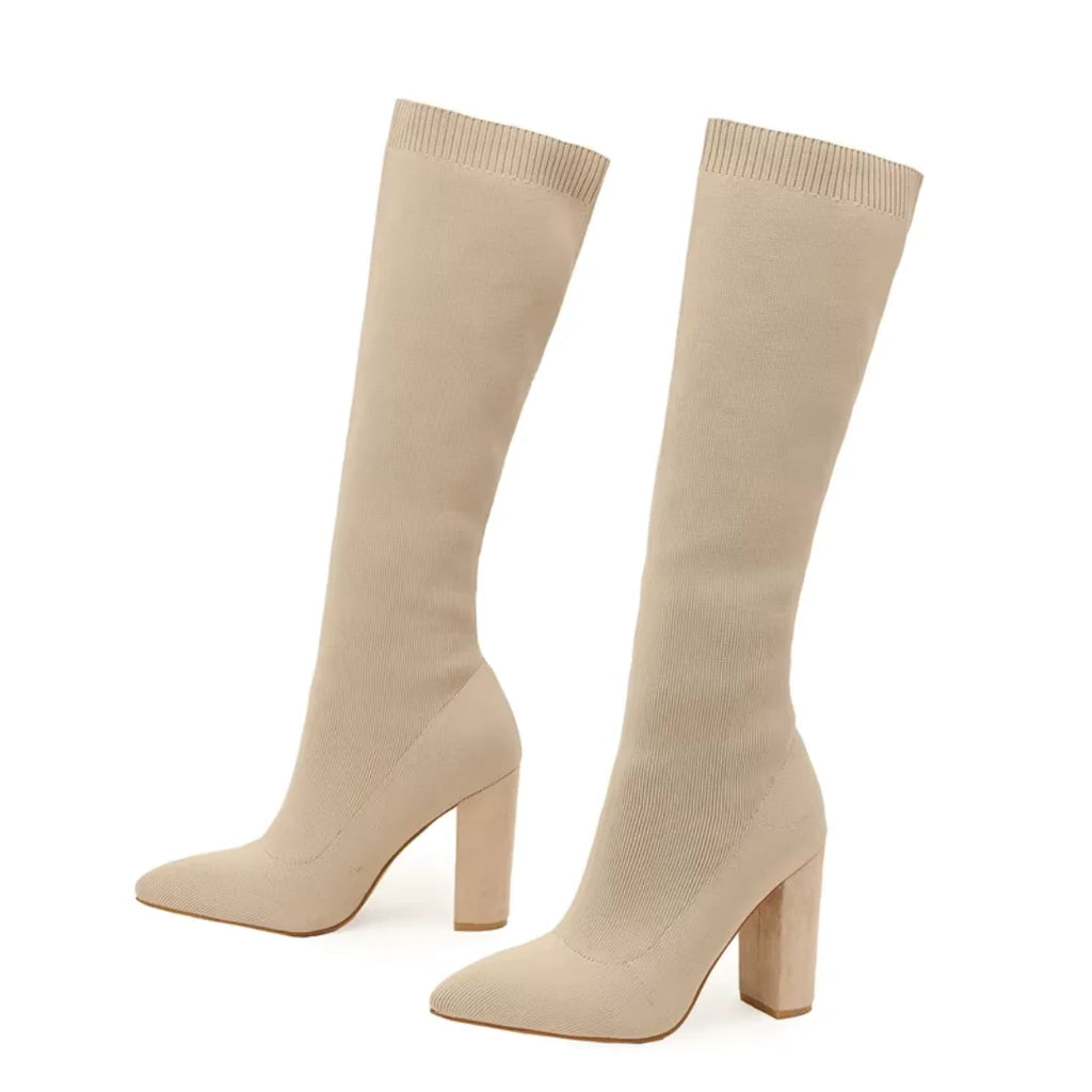 Apricot Women's Knit Knee High Boots with Pointed Toe & Block Heel — Caroline - Studio Pair Angle