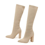 Apricot Women's Knit Knee High Boots with Pointed Toe & Block Heel — Caroline - Studio Pair Angle