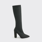 Black Women's Knit Knee High Boots with Pointed Toe & Block Heel — Caroline - Studio Single Side