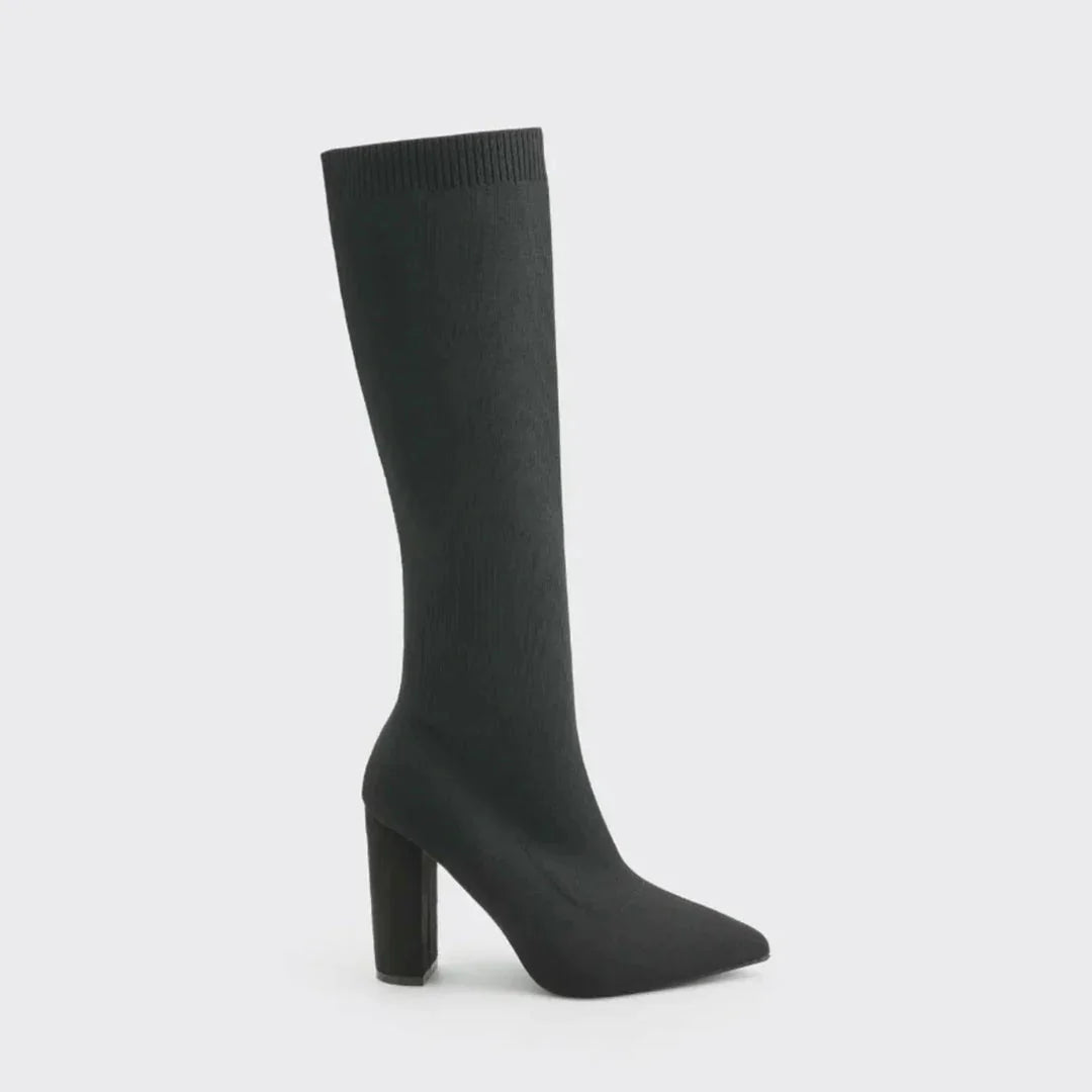 Black Women's Knit Knee High Boots with Pointed Toe & Block Heel — Caroline - Studio Single Side