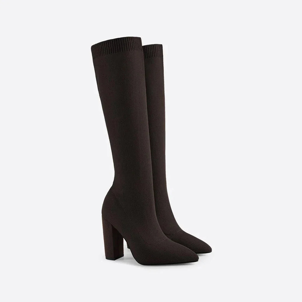 Brown Women's Knit Knee High Boots with Pointed Toe & Block Heel — Caroline - Studio Pair Side