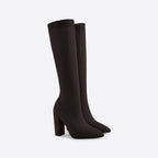 Brown Women's Knit Knee High Boots with Pointed Toe & Block Heel — Caroline - Studio Pair Side