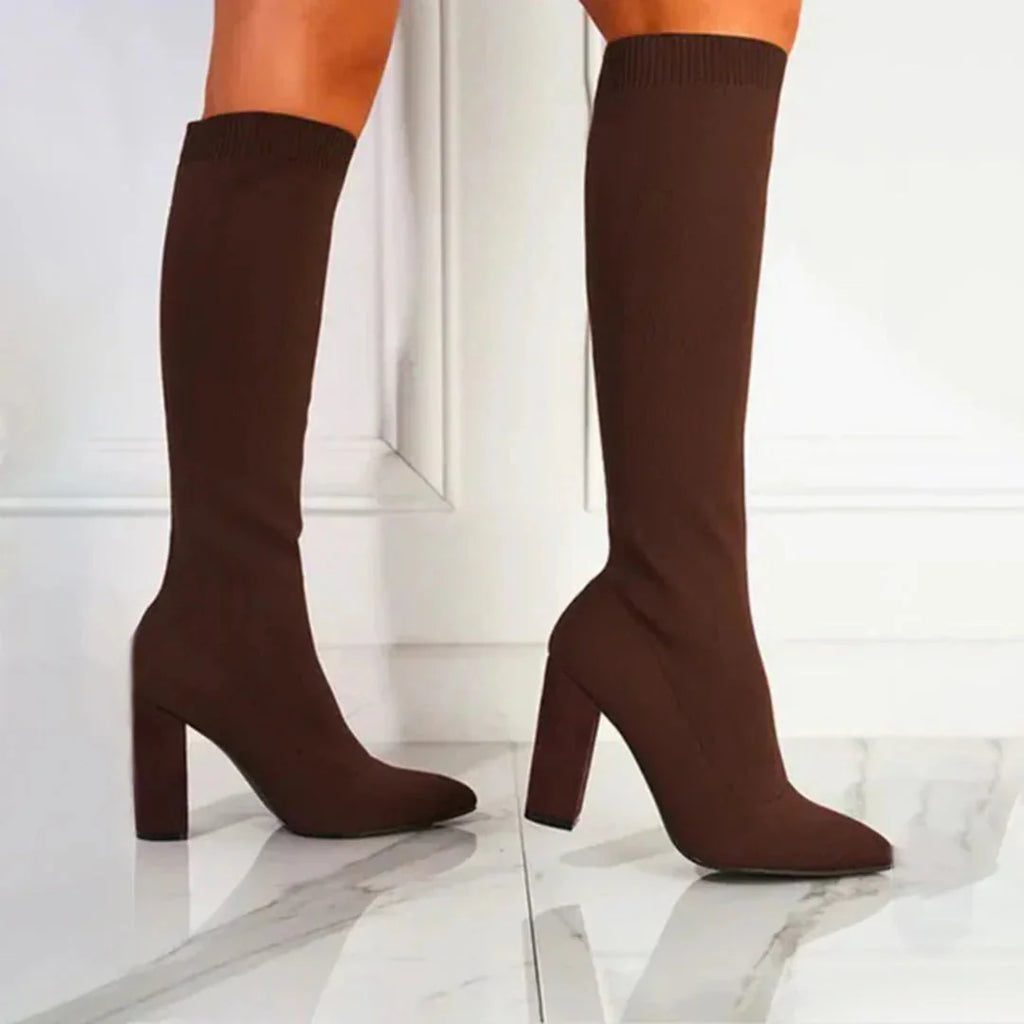 Brown Women's Knit Knee High Boots with Pointed Toe & Block Heel — Caroline - Worn Lifestyle Legs
