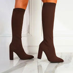 Brown Women's Knit Knee High Boots with Pointed Toe & Block Heel — Caroline - Worn Lifestyle Legs