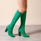 Green Women's Knit Knee High Boots with Pointed Toe & Block Heel — Caroline - Model Walking