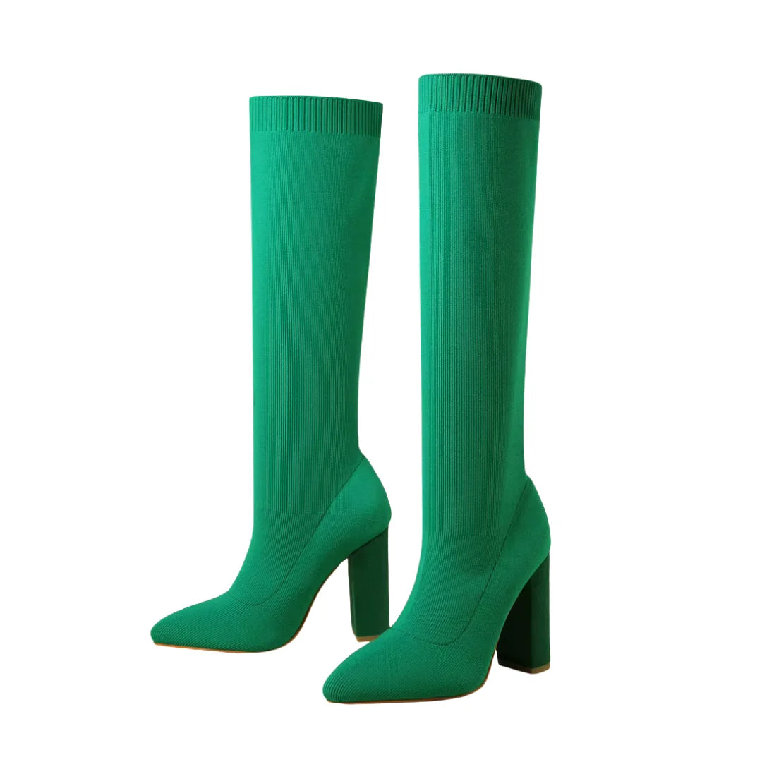 Green Women's Knit Knee High Boots with Pointed Toe & Block Heel — Caroline - Studio Pair Front