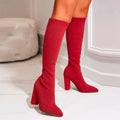 Women's Stretch Knee High Boots with Slip-On Fit & Block Heel — Caroline