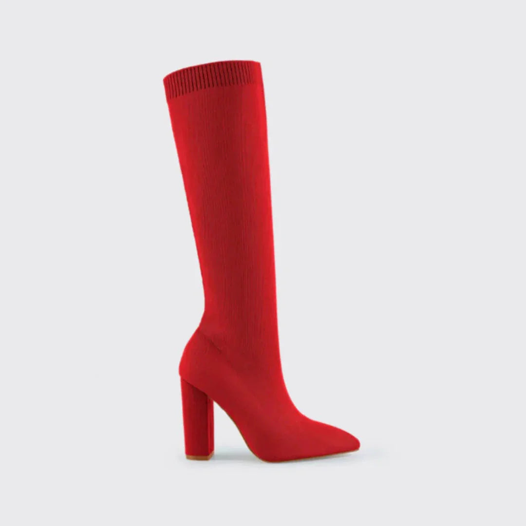 Red Women's Knit Knee High Boots with Pointed Toe & Block Heel — Caroline - Studio Single Front